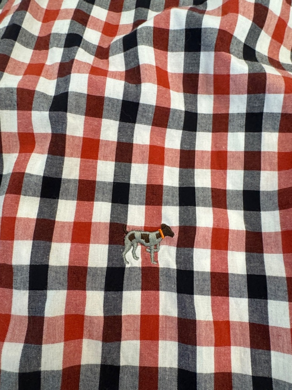 Red and Navy Gingham Button-Up Shirt with Embroidered Dog